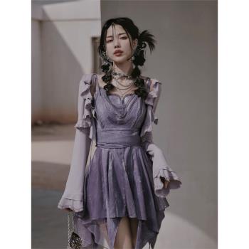 JZ匠子「星海音符」紫色連衣裙2023夏女裝新款設計感小個子法式裙