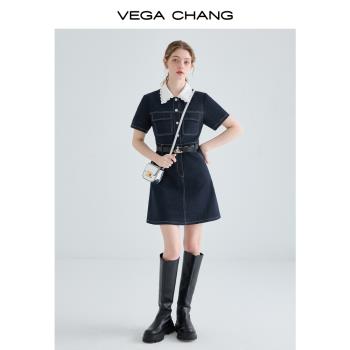 VEGA CHANG牛仔連衣裙夏季女2023年新款法式蕾絲娃娃領襯衫裙子