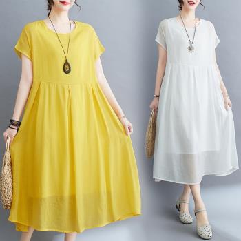 小菲家~2023年夏季新款大碼純色氣質短袖連衣裙女遮肚顯瘦A字裙子