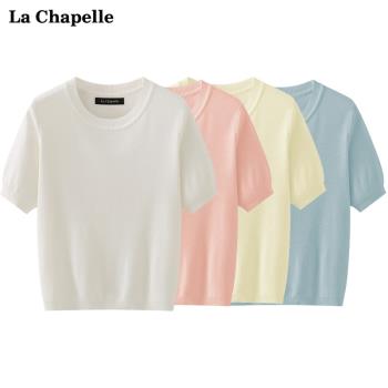 拉夏貝爾/La Chapelle夏圓領簡約白色針織短袖t恤女純色體恤上衣