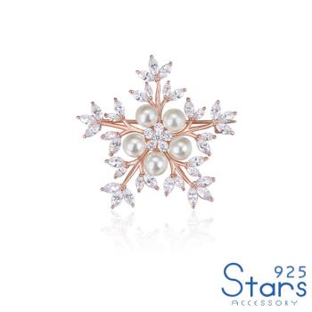 【925 STARS】純銀925氣質鋯石雪花珍珠造型胸針 造型胸針 珍珠胸針