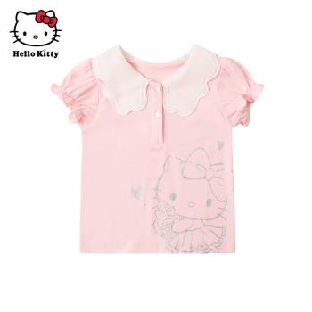 Hello Kitty童裝女童泡泡袖上衣夏款棉翻領短袖T恤