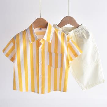 好看顯白！男童純棉襯衫短袖薄款兒童寶寶2024新款夏裝潮條紋襯衣