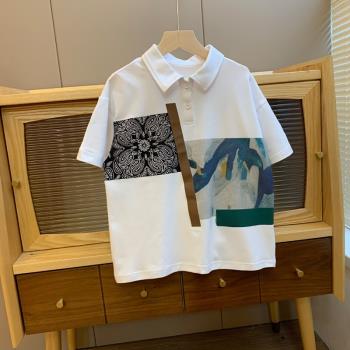 男童夏季短袖T桖2023年新款帥氣翻領polo衫中大兒童個性拼接上衣