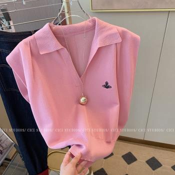 小香風粉色刺繡Polo冰絲針織衫女夏2023新款薄款氣質顯瘦無袖上衣