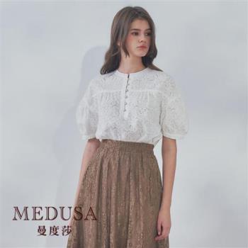 現貨【MEDUSA 曼度莎】燒花蕾絲圓蓬袖上衣（M-XL）｜女上衣 女短袖上衣 白上衣