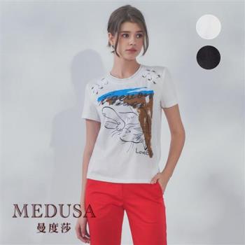 現貨【MEDUSA 曼度莎】肩部綁帶貓咪印圖T恤 - 2色（M-2L）｜女上衣 女短袖上衣 女T恤