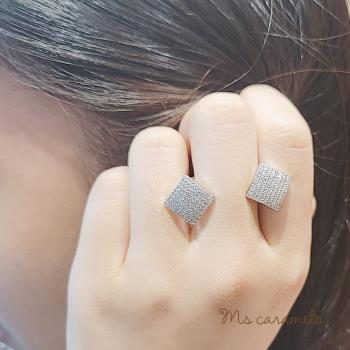 【焦糖小姐 Ms caramelo】925純銀鍍18K 白 鋯石耳環(方型鋯石耳環)