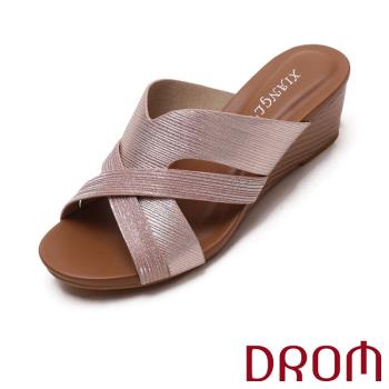 【DROM】拖鞋 坡跟拖鞋/歐美時尚撞色幾何交叉坡跟拖鞋 粉