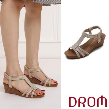 【DROM】涼鞋 坡跟涼鞋/歐美時尚縷空線繩T字造型坡跟涼鞋 棕