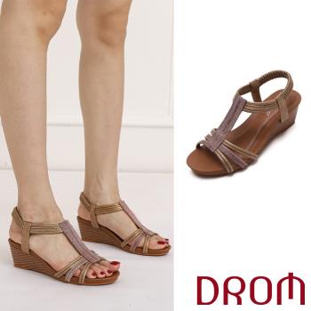 【DROM】涼鞋 坡跟涼鞋/歐美時尚縷空線繩T字造型坡跟涼鞋 金