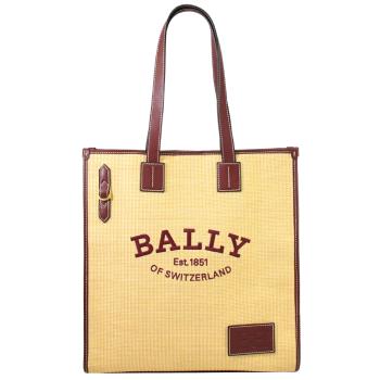 BALLY 6300213 CRYSTALIA 品牌LOGO草編拼皮肩背托特包.酒紅邊