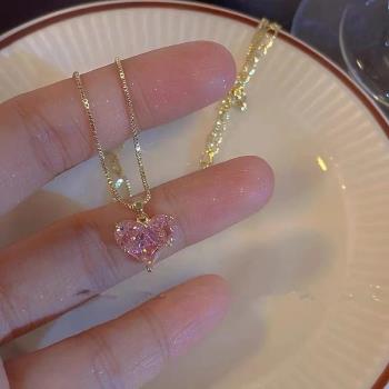Pink crystal glass necklace women 粉色水晶玻璃項鏈愛心女項鏈
