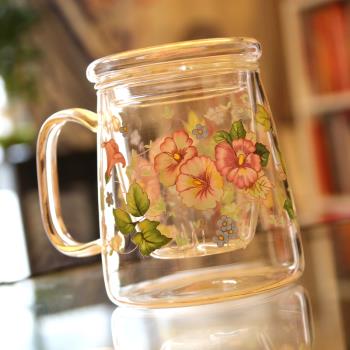 韓國高硼硅玻璃茶水杯 帶蓋花茶杯手把杯 高檔印花耐高溫大容量