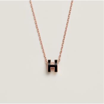 HERMES mini POP H 立體橢圓簍空項鍊 黑色 玫瑰金鍊