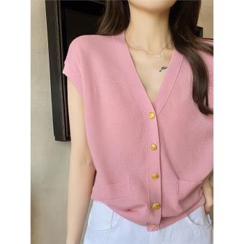 PINKEEN粉色針織短袖開衫女薄款2023新款夏季純色簡約寬松V領上衣