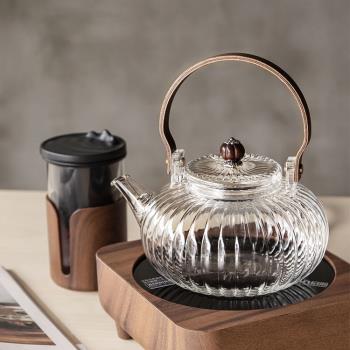 日式耐高溫玻璃茶壺帶過濾 木提梁加厚玻璃泡茶煮茶壺 電陶爐專用
