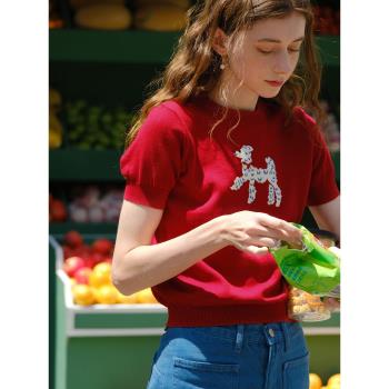MintCheese 法式少女手繪可愛貴賓犬短款薄棉針織短袖T恤夏 紅/藍