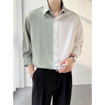 綠白拼色小眾設計感七分袖襯衫