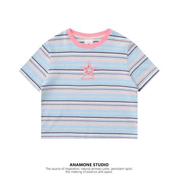 ANAMONE美式甜酷星星鏤空T恤女夏季設計感小眾復古條紋短袖短上衣