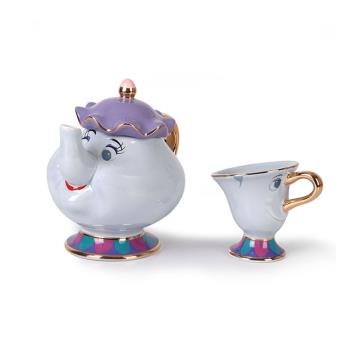 新款藍色茶煲太太美女與野獸Mrs. Potts陶瓷鍍金茶壺生日禮物套裝