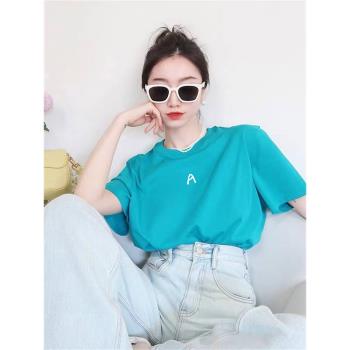韓版藍色正肩短袖t恤女2023新款獨特設計感小眾上衣純棉體恤夏季