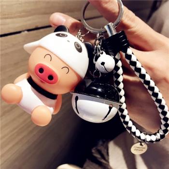 卡通小豬鑰匙扣鈴鐺掛飾 韓國可愛公仔掛件 情侶鑰匙圈環禮物男女