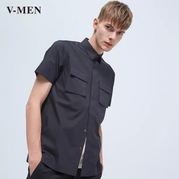 威曼VMEN多口袋黑色韓版短袖襯衫