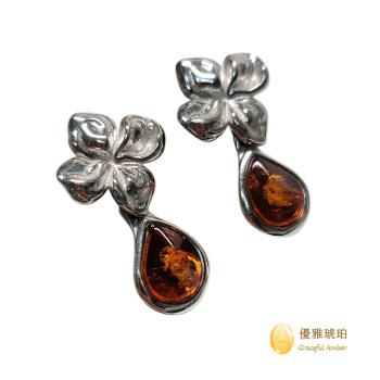 優雅琥珀 來自波蘭 水滴形干邑色琥珀 銀質耳環