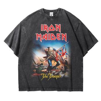 iron maiden鐵娘子歐美潮流搖滾重磅大碼寬松水洗棉五分短袖T恤男