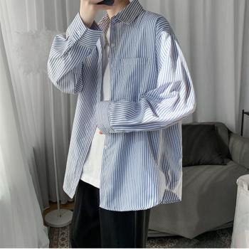 藍白長袖韓版潮流休閑條紋襯衫
