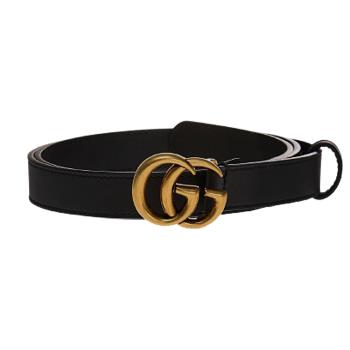 【GUCCI】經典雙Ｇ金色仿舊款 滑面皮革皮帶-黑色 409417 AP00T 1000