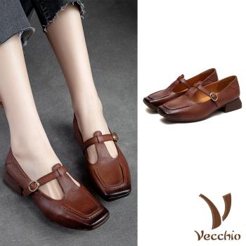 【VECCHIO】跟鞋 粗跟鞋/全真皮頭層牛皮復古擦色方頭T字帶粗跟鞋 棕