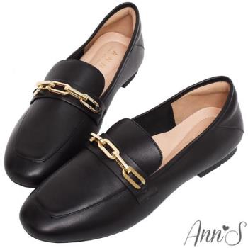 Ann’S城市漫步-金色鍊帶真皮小羊皮平底樂福鞋-黑