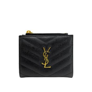 YSL 品牌金logo粒面牛皮二折扣式短夾(575879-黑)