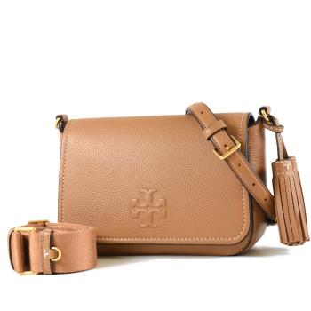 TORY BURCH THEA FLA 荔枝紋流蘇雙背帶翻蓋斜背包-棕色