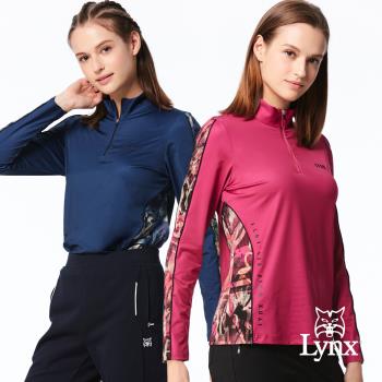 【Lynx Golf】女款合身版吸排保暖機能剪接進口花布造型印花長袖立領POLO衫/高爾夫球衫(二色)