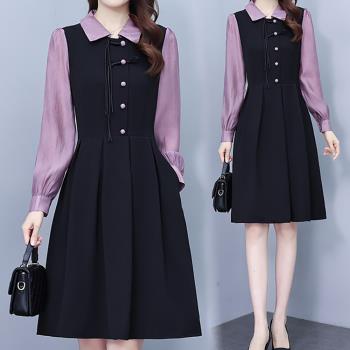 麗質達人 - 7702黑紫拼接假二件洋裝