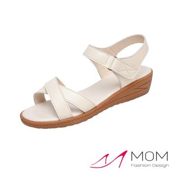 【MOM】涼鞋 坡跟涼鞋/真皮交叉設計百搭舒適坡跟涼鞋 米