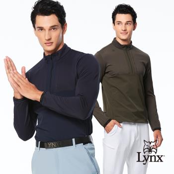 【Lynx Golf】首爾高桿風格！男款合身版保暖舒適內磨毛材質上下身配布造型剪裁長袖立領POLO衫(二色)