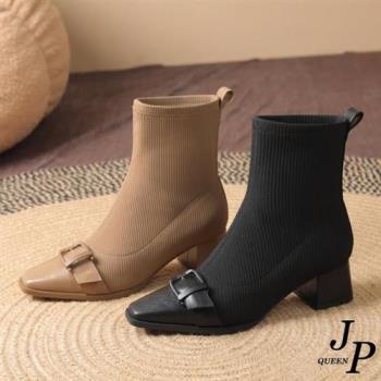 JP Queen New York 法式針織布蝴蝶結尖頭粗跟短靴(2色可選)