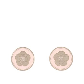 二手商品_CHANEL 圓形山茶花圖案耳針式耳環(粉色/金色)