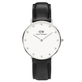 DW Daniel Wellington 施華洛世奇水晶黑色皮革腕錶-銀框/34mm(0961DW)