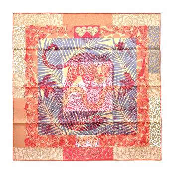 Hermes 愛馬仕 Jungle Love stamped 70 cm手工捲邊斜紋真絲方巾(米/胭脂紅/古銅)