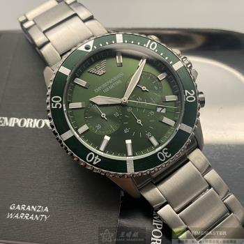 ARMANI 阿曼尼男錶 44mm 銀圓形精鋼錶殼 墨綠色三眼, 中三針顯示, 水鬼錶面款 AR00021