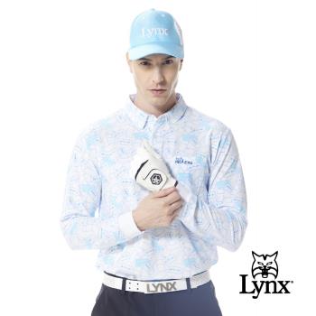 【Lynx Golf】男款吸濕排汗滿版票券圖樣印花胸袋山貓繡花款長袖POLO衫/高爾夫球衫-水藍色