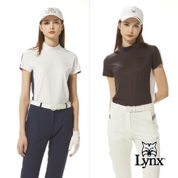 【Lynx Golf】首爾高桿風格！女款合身版吸溼排汗前後跳色配布造型後開拉鍊設計短袖POLO衫/高爾夫球衫(二色)