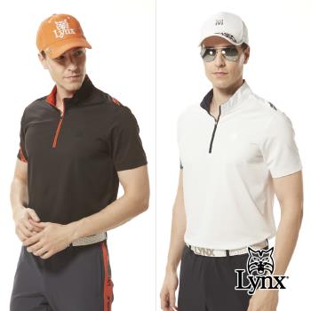 【Lynx Golf】首爾高桿風格！男款合身版銀離子抗菌除臭後背配布Lynx字樣造型短袖立領POLO衫/高爾夫球衫(二色)