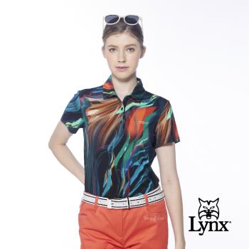 【Lynx Golf】女款歐洲進口布料柔軟舒適流線感印花短袖POLO衫-黑色