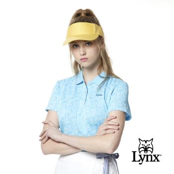 【Lynx Golf】女款吸濕排汗羅紋領滿版獎盃圖樣印花短袖POLO衫-淺藍色
